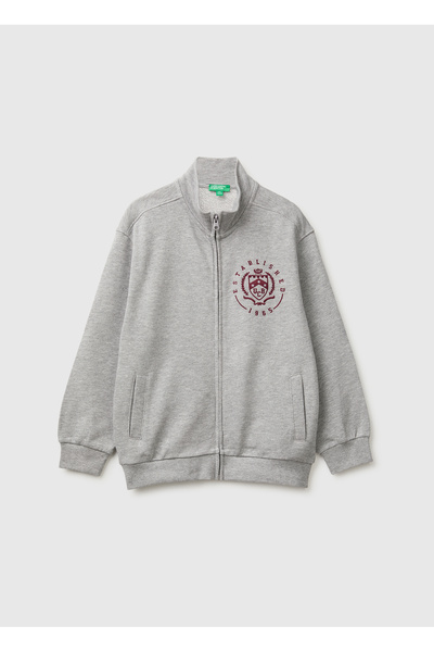 United Colors of Benetton Boy's Gray Melange Sweatshirt with Embroidered Fron...