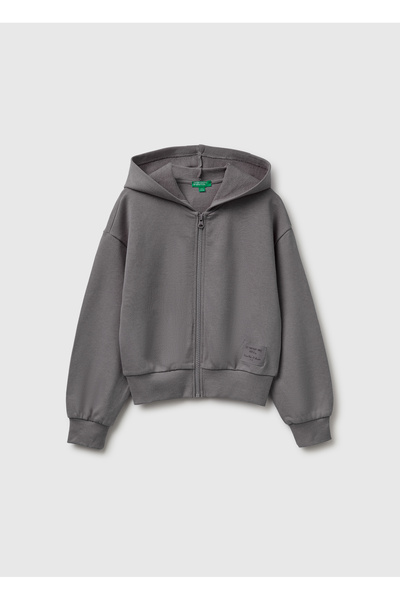 United Colors of Benetton Girl's Dark Gray Ribbed Hooded Zipper Sweatshirt