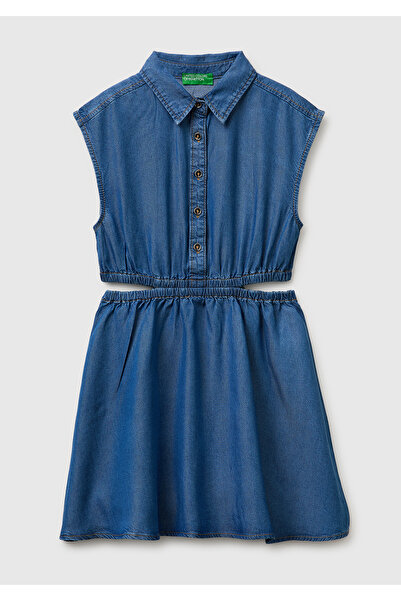 United Colors of Benetton Girl's Blue Tencel Dress with Cut-Out Detail on the...