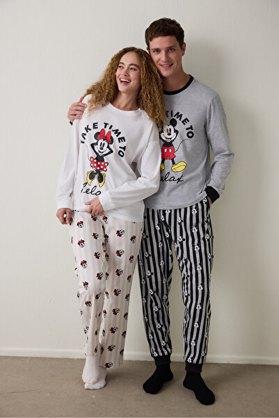 Penti Optisches weißes Langarm-Pyjama-Set aus Baumwolle mit Mickey-Mouse-Aufd...