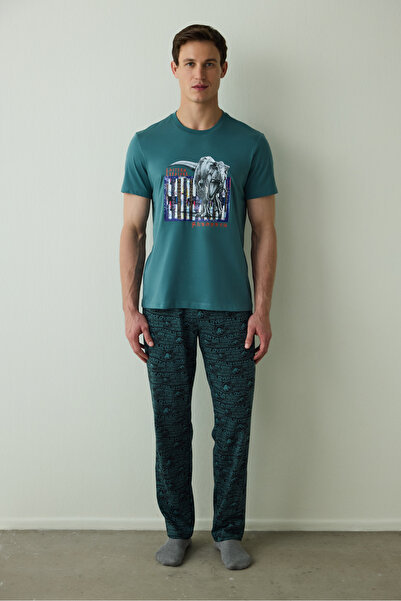 Penti Men's Jurassic Slogan Printed Short Sleeve Pajama Set