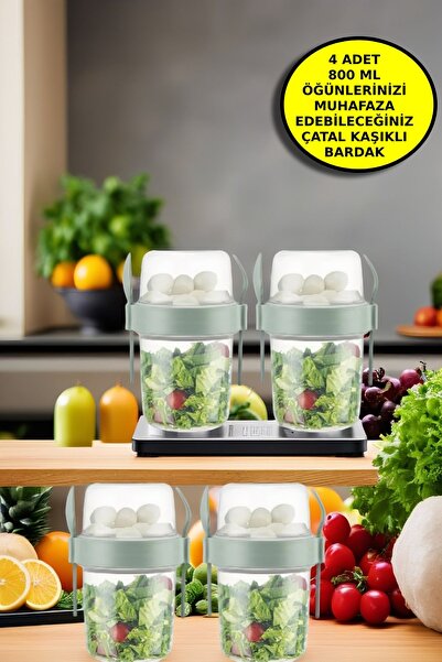 Open Home Concept 4 Adet Diyet & Kahvaltı Için Çatal & Kaşıklı Kapaklı Yoğurt...