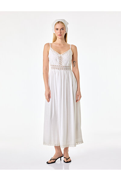 Koton Viscose Fabric, String Straps, Lace Detail, Voluminous Long Dress