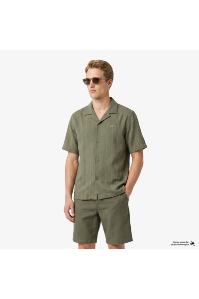 Lacoste Erkek Relaxed Fit Kısa Kollu Çizgili Haki Gömlek