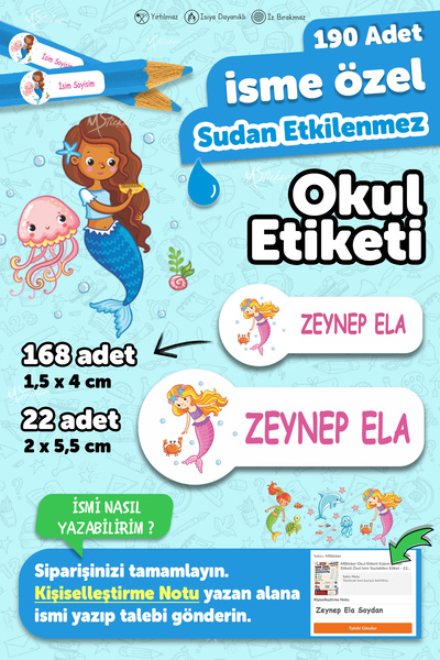 MSticker Okul Etiketi Kalem Defter Etiketi Deniz Kızları Temalı Özel Isim Yaz...