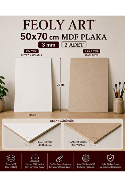 Feoly Art MDF - 50x70cm Beyaz Lam MDF Plaka | 3mm / 2 Adet | Ahşap Boyama, Ma...