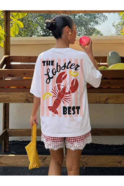chaygoy Kadın Relaxed Fit Beyaz Tişört Lobster Best Ön ve Sırt Baskılı %100 Pamuk