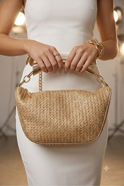 Gogoey Geantă de damă din paie ultra luxoasă cu cataramă aurie Trend Moda