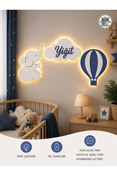 Windly Concept Kişiye Özel Bebek Odası İsimlik LED Işıklı Fil Balon Bulut Kap...