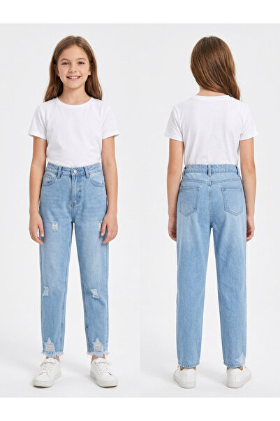 Blotch Girl's Pants Blue Denim Jeans with Tassel Detail on the Leg and Ripped...