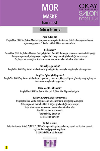 OKAYPROFESSIONNEL Salon Formula Turuncu - Sarı Yansımaları Nötralize İçin PURPLE (MOR) Saç Maskesi 500ml