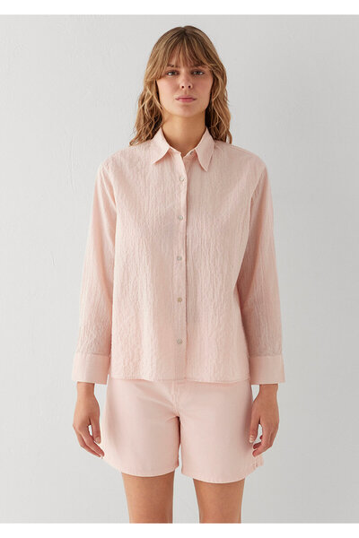 Mavi Nakış Detaylı Dokulu Pembe Gömlek Loose Fit / Bol Rahat Kesim 1211598-91762