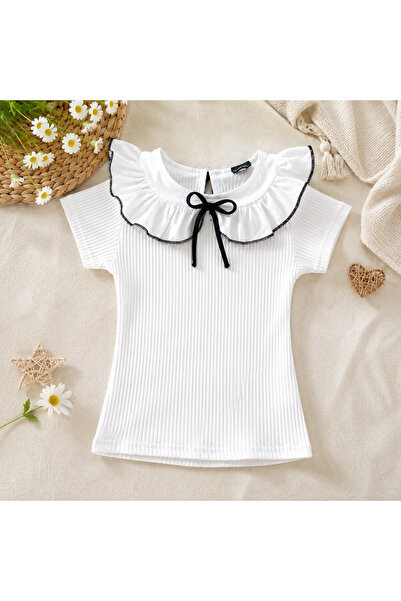eladamoda White Baby Collar Ribbon Detail Ribbed Girl's Blouse