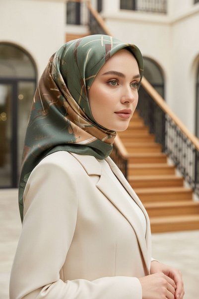 Vissona %57 İPEK %43 VİSKON Twill İpek Geometrik Desenli Çağla Yeşili - Bakır...