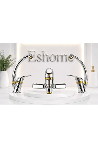 ESHOME Krom Gold Mix Kuğu Banyo Mutfak Ve Lavabo Bataryası Musluğu 3’lü Set