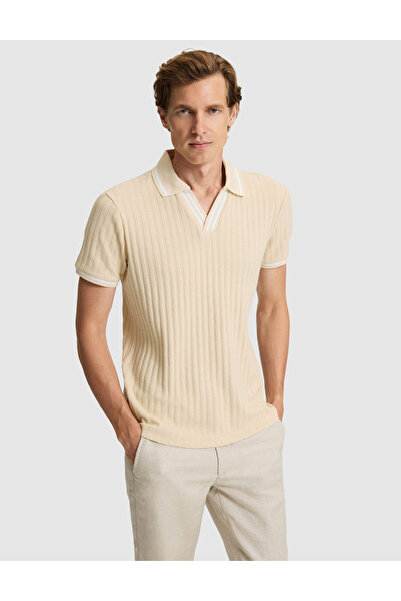 Pierre Cardin Beige Slim Fit Knitted Textured Lapel Collar T-Shirt 50310162-V...