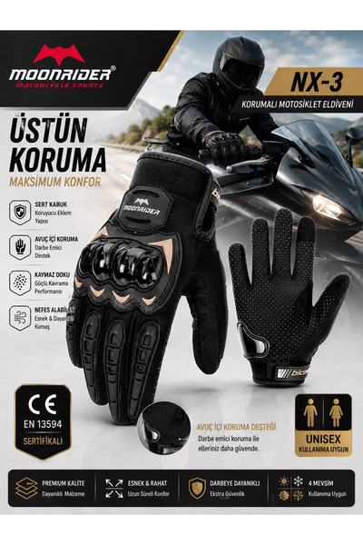 Moonrider Siyah Motor Eldiveni Profesyonel Korumalı Dokunmatik Özellikli EN 13594 sertifikalı unisex Motorcu Eldiveni NX-3