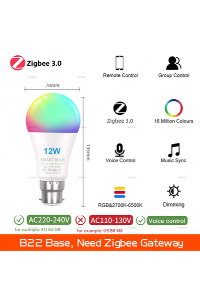 Choice AC 220-240V Zigbee 12W B22 B22 Zigbee Smart Bulb Lamps 220V Led RGBCW ...