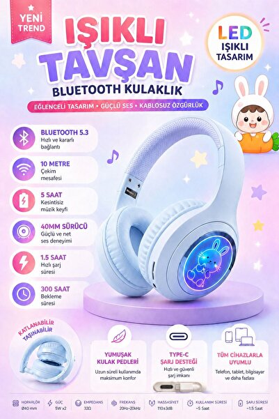 kawigo Işıklı Tavşan Bluetooth Kulaklık LED Tasarım Kablosuz Kulaklık Çocuk K...