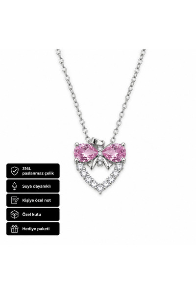 HER ŞEY NOTA www.herseynota.com Pink Stone Heart Bowknot Pendant 316L Steel W...