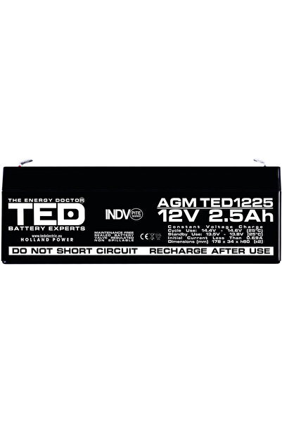 TED Electric Acumulator Stationar AGM VRLA Etans 12V 2.5A F1 T1, Dimensiuni 178mm x 34mm x h60mm