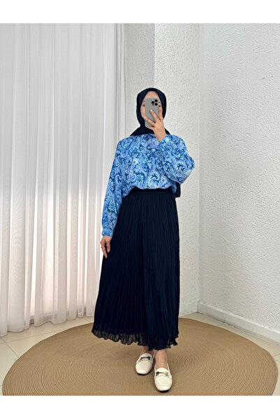 MİHRA STORE Φούστα σιφόν με πιέτες και επένδυση Poyraz - PA0212 Ναυτικό μπλε