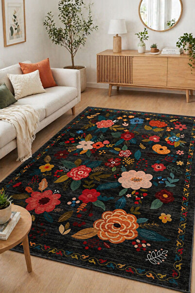 Toronto Home Dijital Kaymaz Yıkanabilir Renkli Etnik Vintage Salon Halısı Mut...