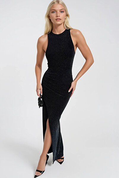 Black Fashion Halter Yaka Büzgü Detay Yırtmaçlı Silver Maxi Elbise
