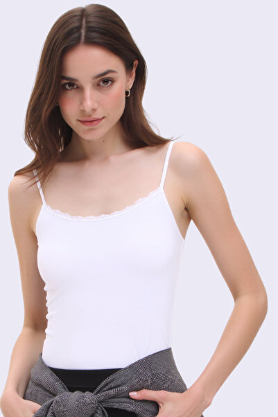 Pearlune Women's Thin Strap Lace Detailed Viscose Undershirt - Natural & Brea...