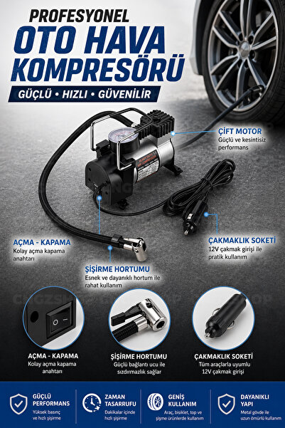 CNGZSHOP Araç Oto Hava Kompresörü | Metal Gövdeli Profesyonel 12V Taşınabilir Hava Pompası