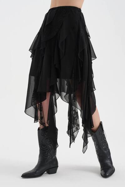 tw3 Γυναικεία φούστα από σιφόν και δαντέλα με λεπτομέρεια από ύφασμα και επέν...