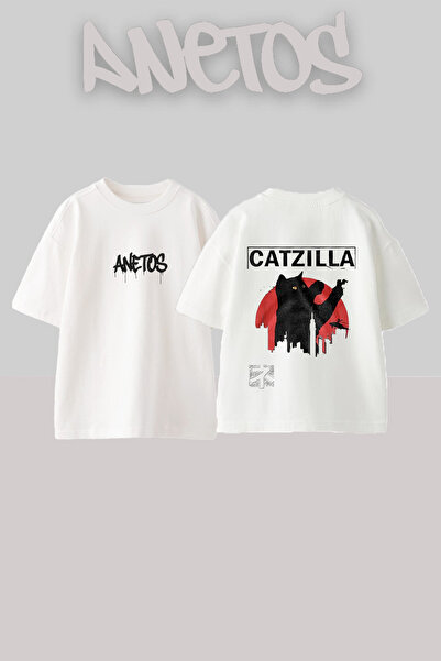 Anetos Tricou oversize alb din bumbac cu imprimeu pe spate Catzilla Monster D...