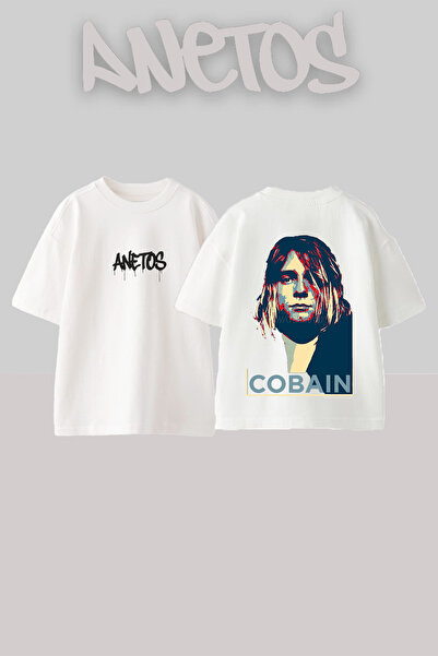 Anetos Μπλουζάκι Kurt Cobain 1 με στάμπα στην πλάτη, βαμβακερό, λευκό, oversized