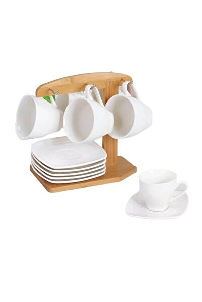 OEM Set of 6 Coffee Mugs 250 ml and 6 Plates Porcelain on Bamboo Stand