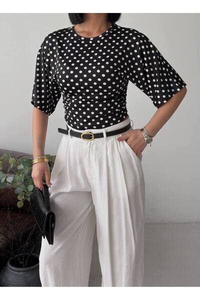 BE CHİC Μπλούζα με λαιμόκοψη ποδηλάτου, εφαρμοστή στη μέση, μαύρη πουά, βαμβα...