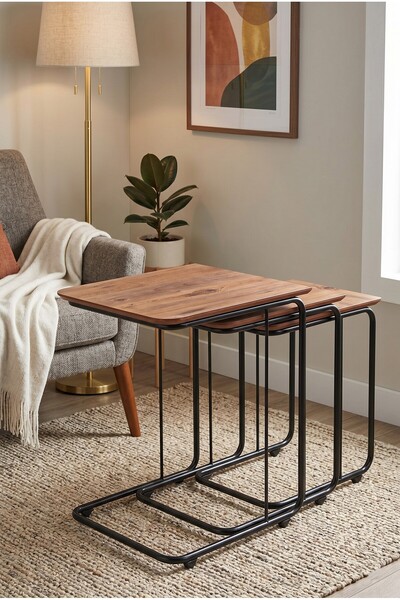 Sweet Home Masa Sandalye C Zigon Mdf Sehpa 3'lü Set, Tekerli Metal Ayak, İç İ...