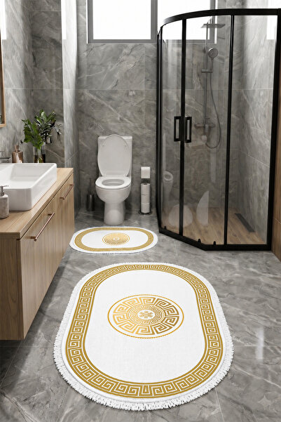 Greek Desenli Lüks 2'li Banyo Paspas Takımı Kaymaz Taban Makinede Yıkanabilir 2'li Set