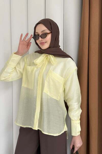 Hatun Atila Γυναικείο πουκάμισο με δεμένο γιακά, διπλές τσέπες, από λεπτό ύφα...