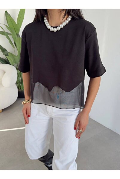 MAESTRO WOMAN Γυναικείο μπλουζάκι από βαμβάκι με λεπτομέρειες από μαύρο τούλι