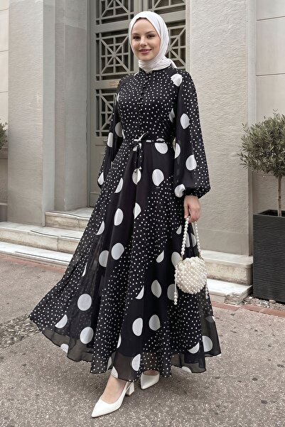 InStyle Μαύρο φόρεμα με μανίκια μπαλόνι και σιφόν πουά