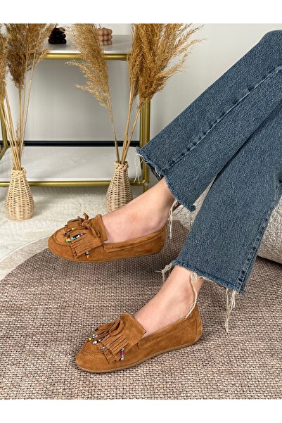 Eysha Voryne Γυναικεία σουέτ φούντα με χάντρες και λεπτομερή επίπεδη σόλα Loafer