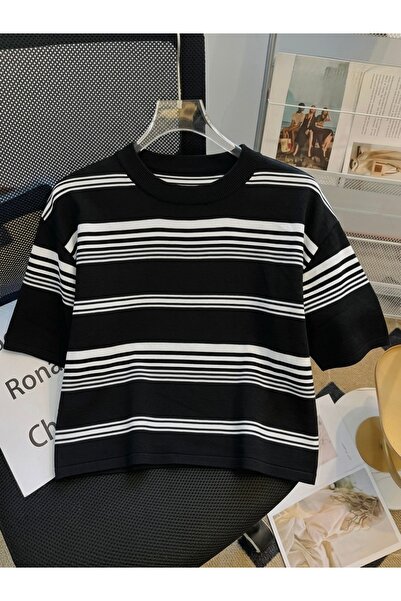 ModaYaren Γυναικεία μπλούζα με κοντό μανίκι και ρίγες, κανονική εφαρμογή, με ...