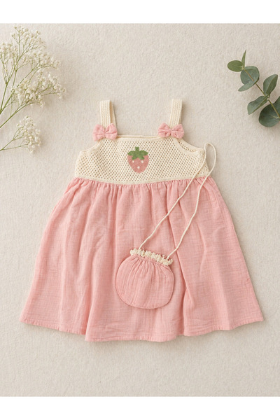 Ecrin baby Çilek detaylı müslin kumaş örme kız çocuk elbise