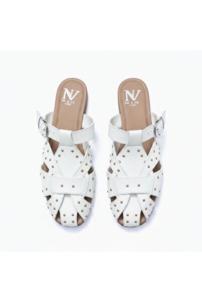 NE&VE SHOES Λευκές ματ δερμάτινες γυναικείες παντόφλες Sabo με τετράγωνη μύτη...