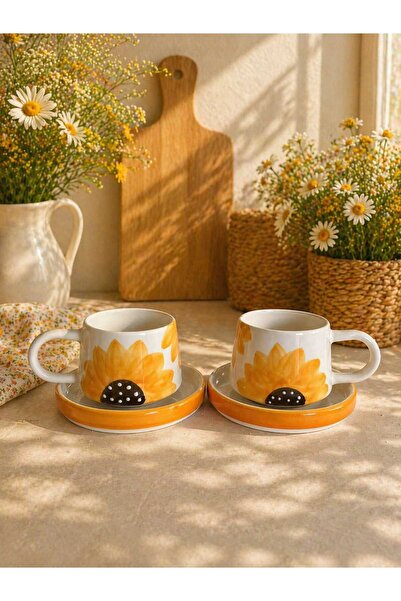 CEYU SERAMİK Hand Painted Sunflower Ceramic Mug Set (with Plate)