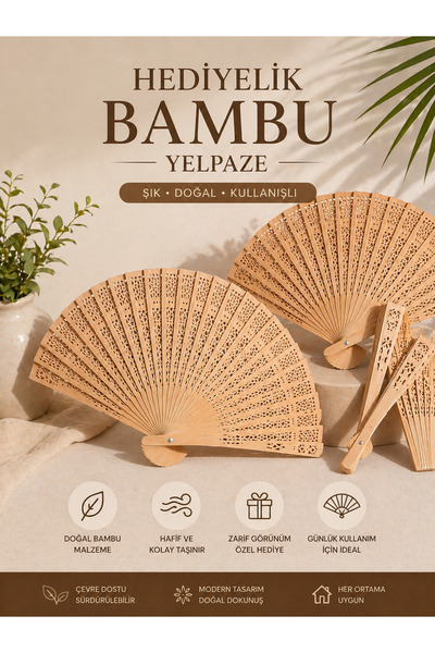 Zeda by Es Hediyelik Bambu Yelpaze – Şık, Katlanır, Doğal Görünümlü Davet Yel...