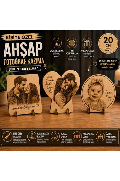 Kutup Yıldızı Tasarım Atölyesi Kişiye Özel Ahşap Fotoğraf Kazıma 20 cm – Laze...