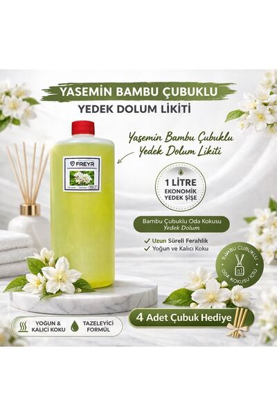 FREYR Oda Kokusu Çubuklu 100 ml Yasemin Çubuklu Oda Kokusu ve 1 Litre Yedek Dolum Likiti Bambu Çubuklu Ortam Kokusu Seti