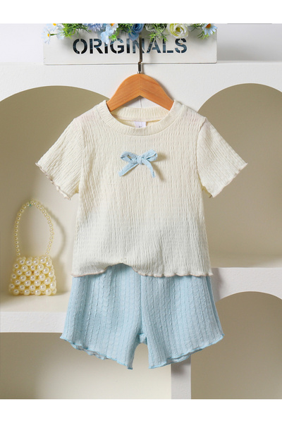 Take Two By Styli Girls Texture Bow Detail Lettuce Edge Top and Shorts Set