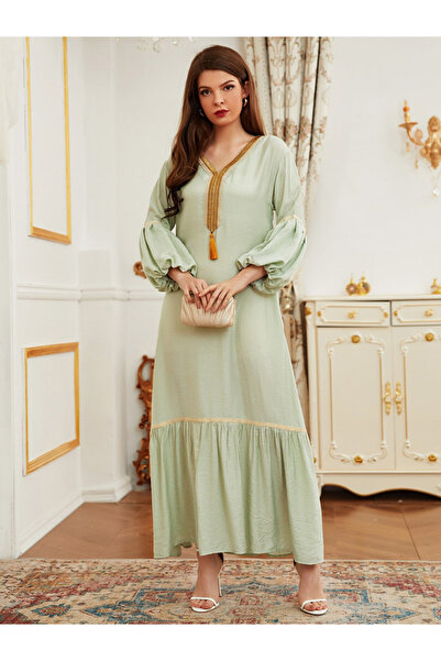 Take Two By Styli Green Solid V Neck A-Line Maxi Dress